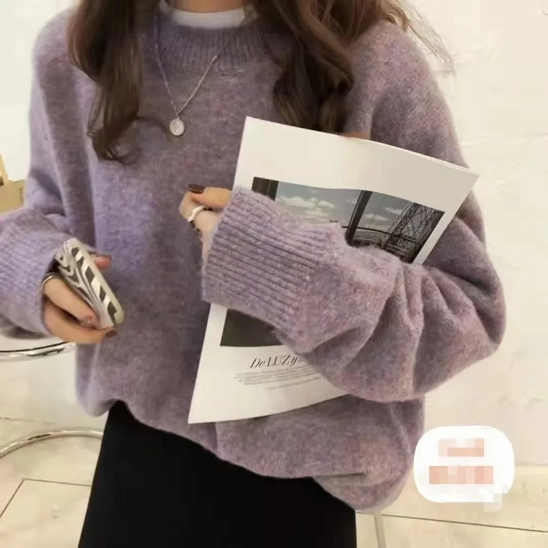 Women’s Oversized Pullover Sweater Cozy Round Neck Knit Long Sleeve