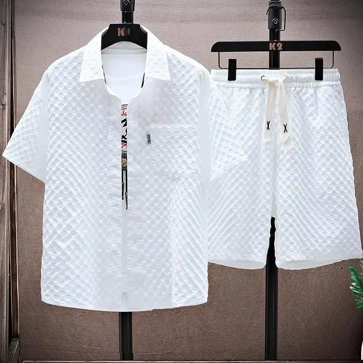 Ice Silk Polyester Blend Sports Set with Short Sleeve Top and Knee Length Shorts