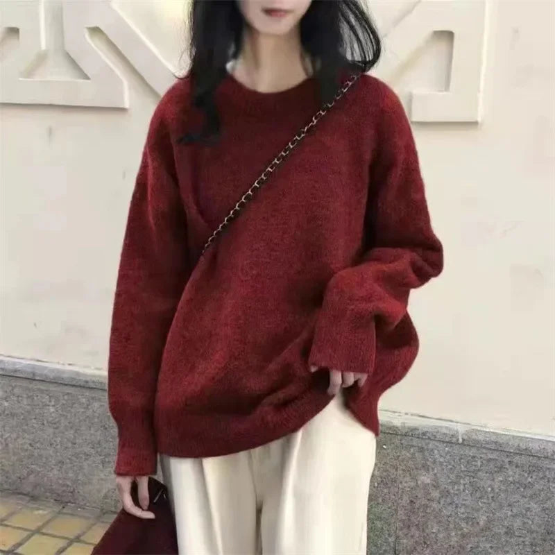 Women’s Oversized Pullover Sweater Cozy Round Neck Knit Long Sleeve
