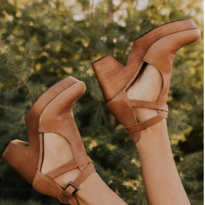 Platform Mary Jane Heels With Chunky Sole And Brown Buckle Strap