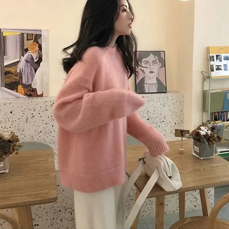 Women’s Oversized Pullover Sweater Cozy Round Neck Knit Long Sleeve