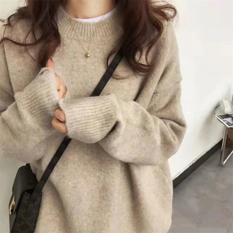 Women’s Oversized Pullover Sweater Cozy Round Neck Knit Long Sleeve