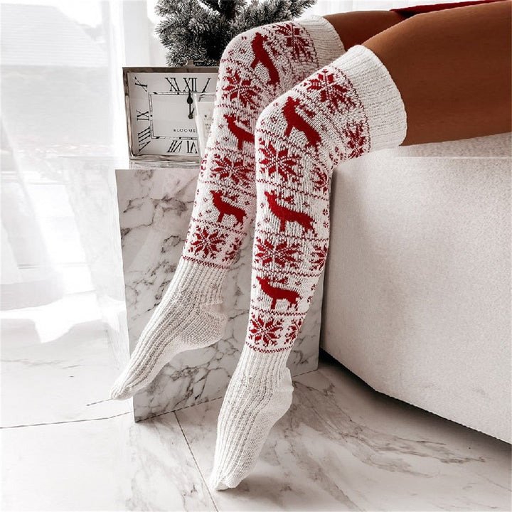 Over-Knee Christmas Knit Socks For Women, Warm Cotton Holiday Stockings