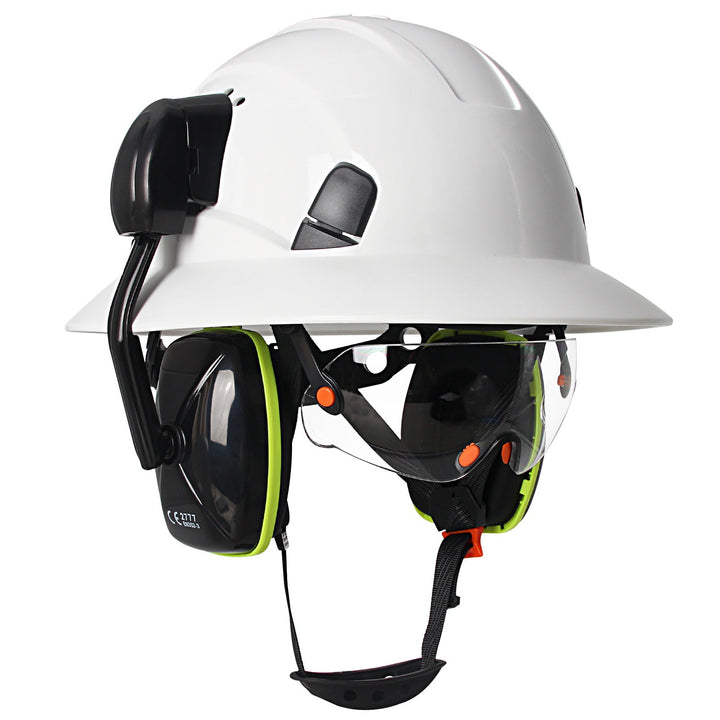 Full Brim Hard Hat With Built-In Eye Shield And Earmuffs