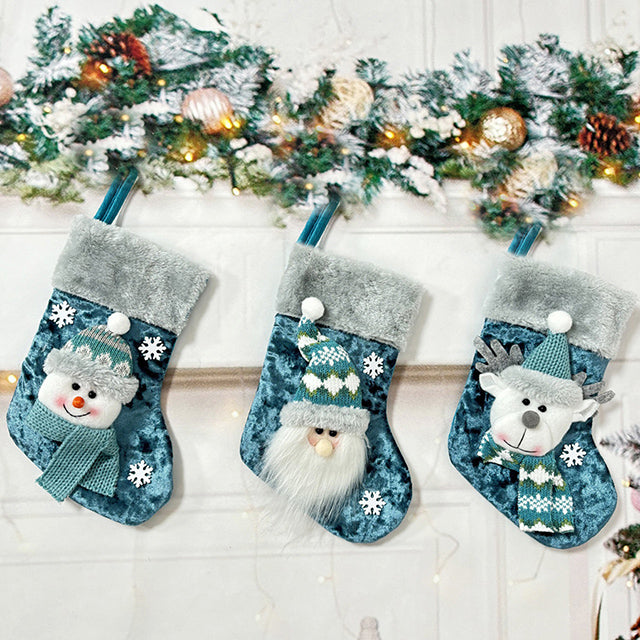 Christmas Socks Party Set Blue With Reindeer Santa And Snowman Doll Bags