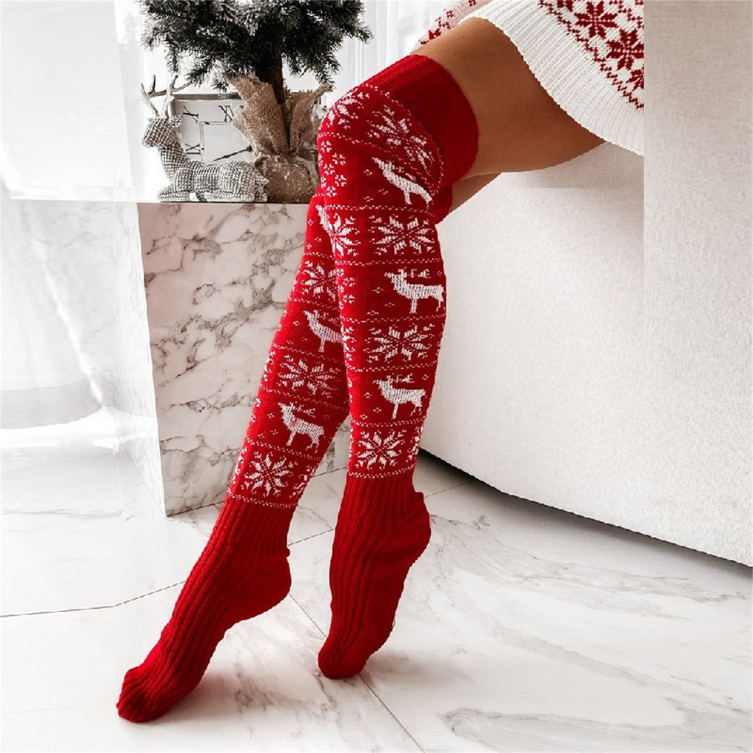 Over-Knee Christmas Knit Socks For Women, Warm Cotton Holiday Stockings