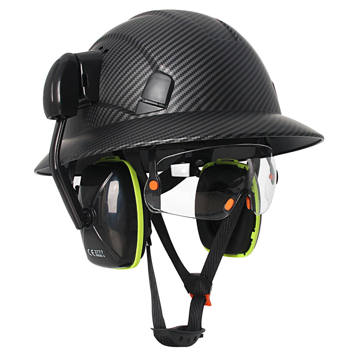Full Brim Hard Hat With Built-In Eye Shield And Earmuffs