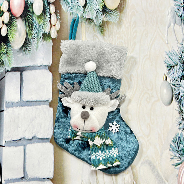 Christmas Socks Party Set Blue With Reindeer Santa And Snowman Doll Bags