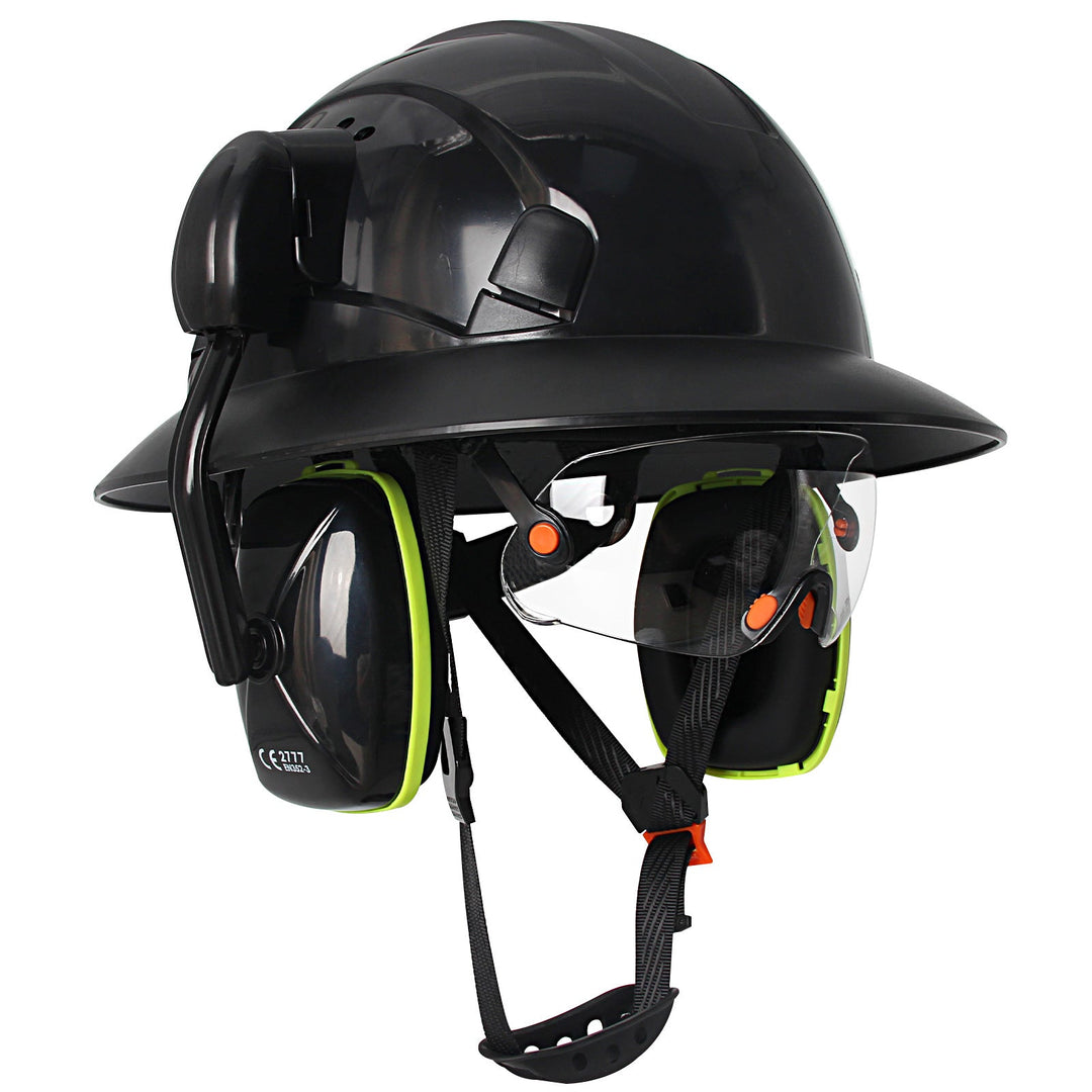 Full Brim Hard Hat With Built-In Eye Shield And Earmuffs