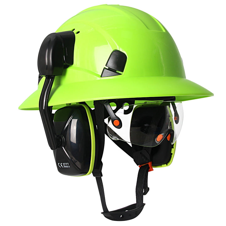 Full Brim Hard Hat With Built-In Eye Shield And Earmuffs