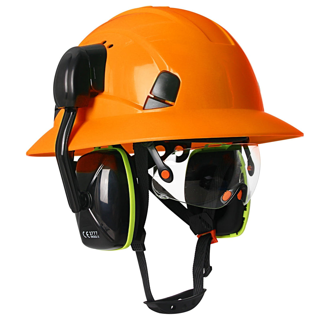Full Brim Hard Hat With Built-In Eye Shield And Earmuffs
