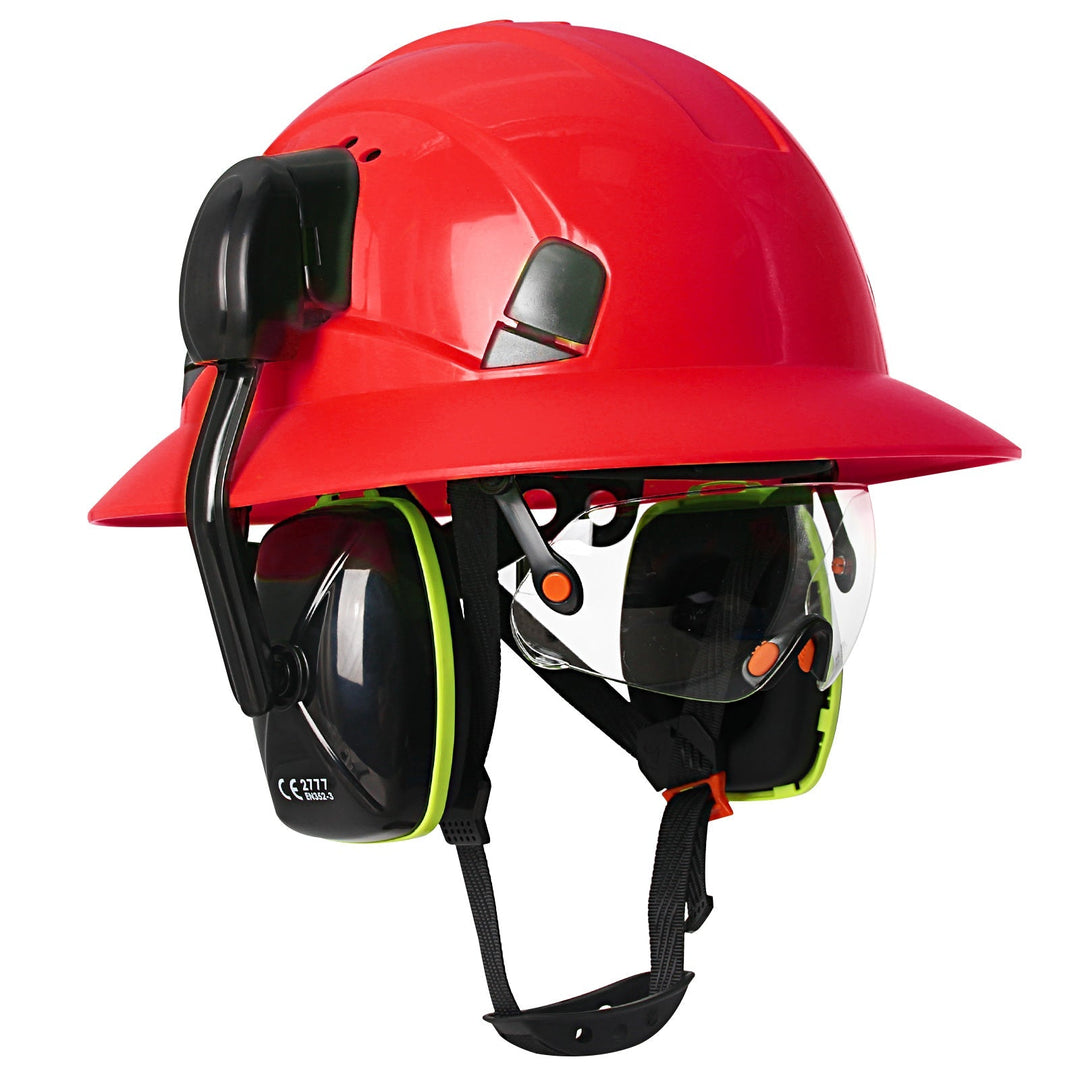 Full Brim Hard Hat With Built-In Eye Shield And Earmuffs