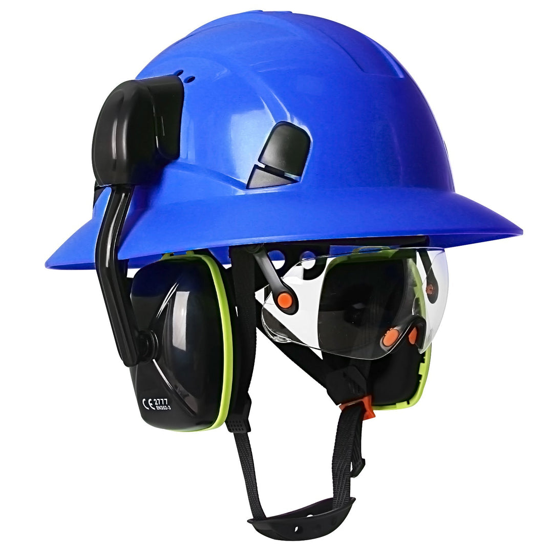Full Brim Hard Hat With Built-In Eye Shield And Earmuffs