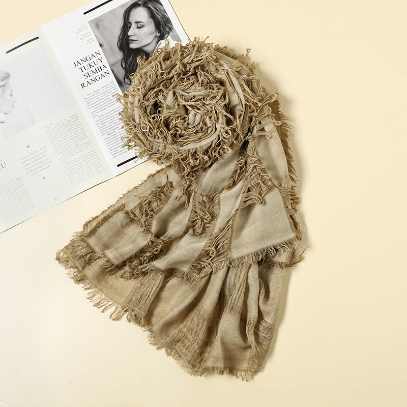 Scarf Distressed Ripped Punk Tassel Cotton Linen Shawl For Y2K Techwear Tactical