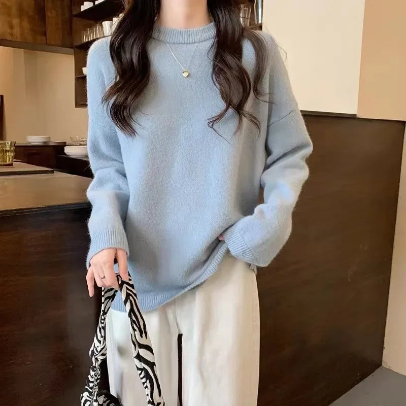 Women’s Oversized Pullover Sweater Cozy Round Neck Knit Long Sleeve