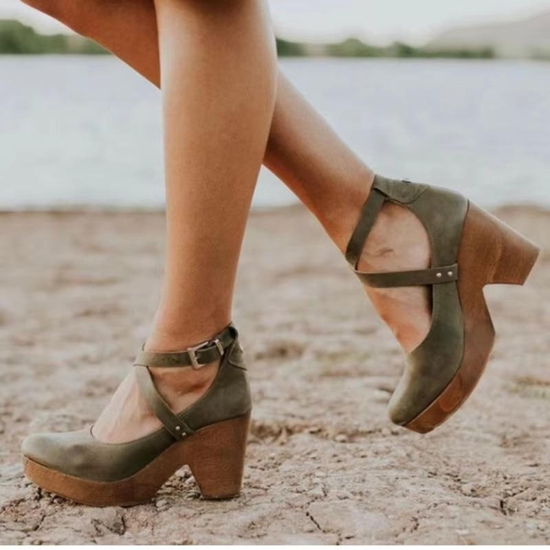 Platform Mary Jane Heels With Chunky Sole And Brown Buckle Strap
