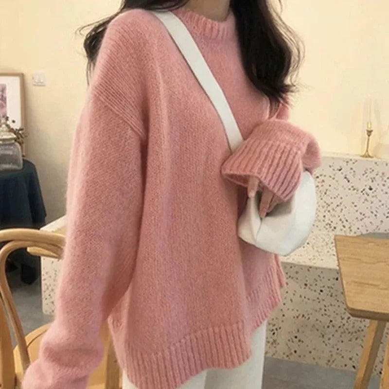 Women’s Oversized Pullover Sweater Cozy Round Neck Knit Long Sleeve