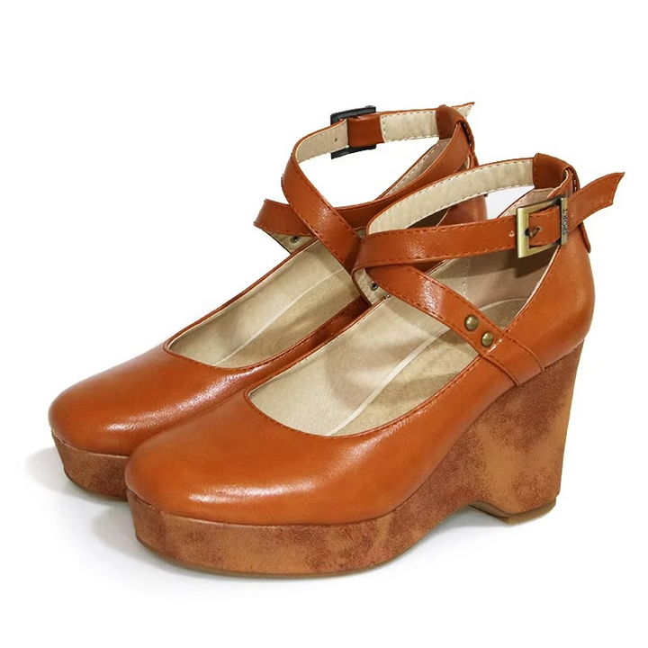 Platform Mary Jane Heels With Chunky Sole And Brown Buckle Strap