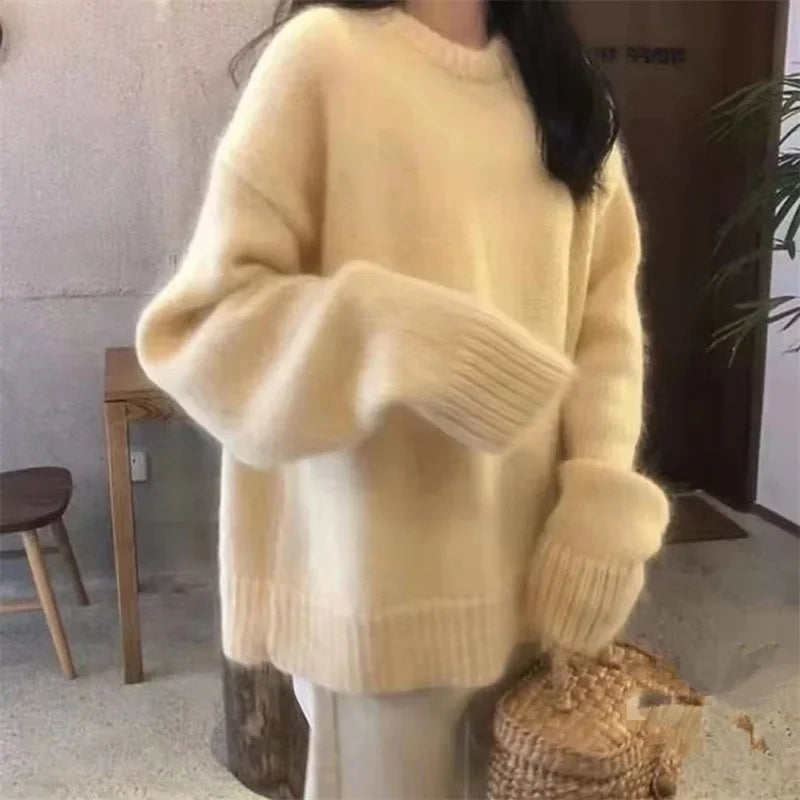 Women’s Oversized Pullover Sweater Cozy Round Neck Knit Long Sleeve