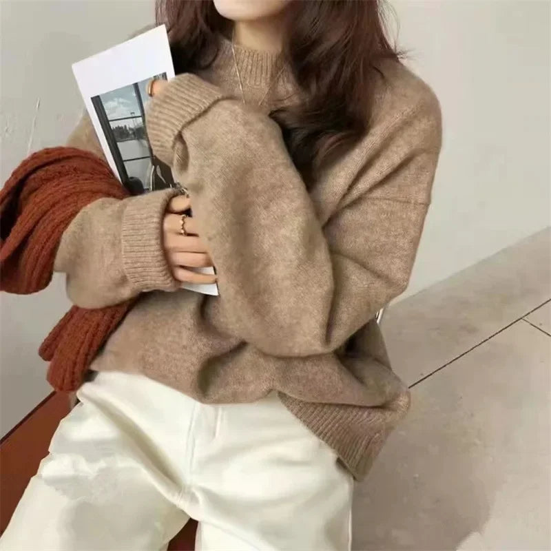 Women’s Oversized Pullover Sweater Cozy Round Neck Knit Long Sleeve