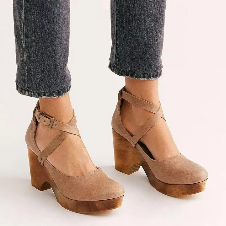 Platform Mary Jane Heels With Chunky Sole And Brown Buckle Strap