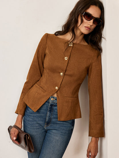 Suede Blazer Fitted Brown Jacket With Metal Buttons