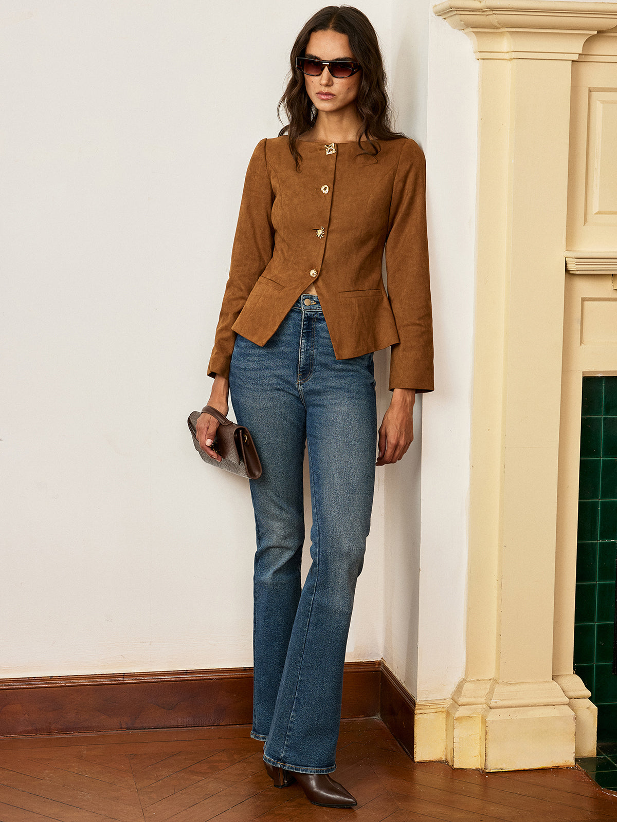 Suede Blazer Fitted Brown Jacket With Metal Buttons
