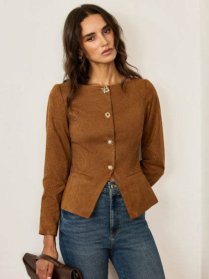 Suede Blazer Fitted Brown Jacket With Metal Buttons