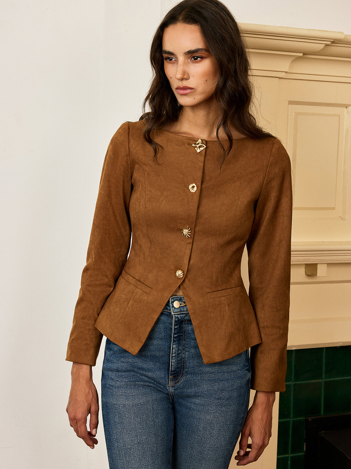 Suede Blazer Fitted Brown Jacket With Metal Buttons