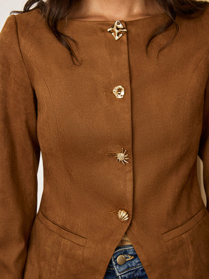 Suede Blazer Fitted Brown Jacket With Metal Buttons