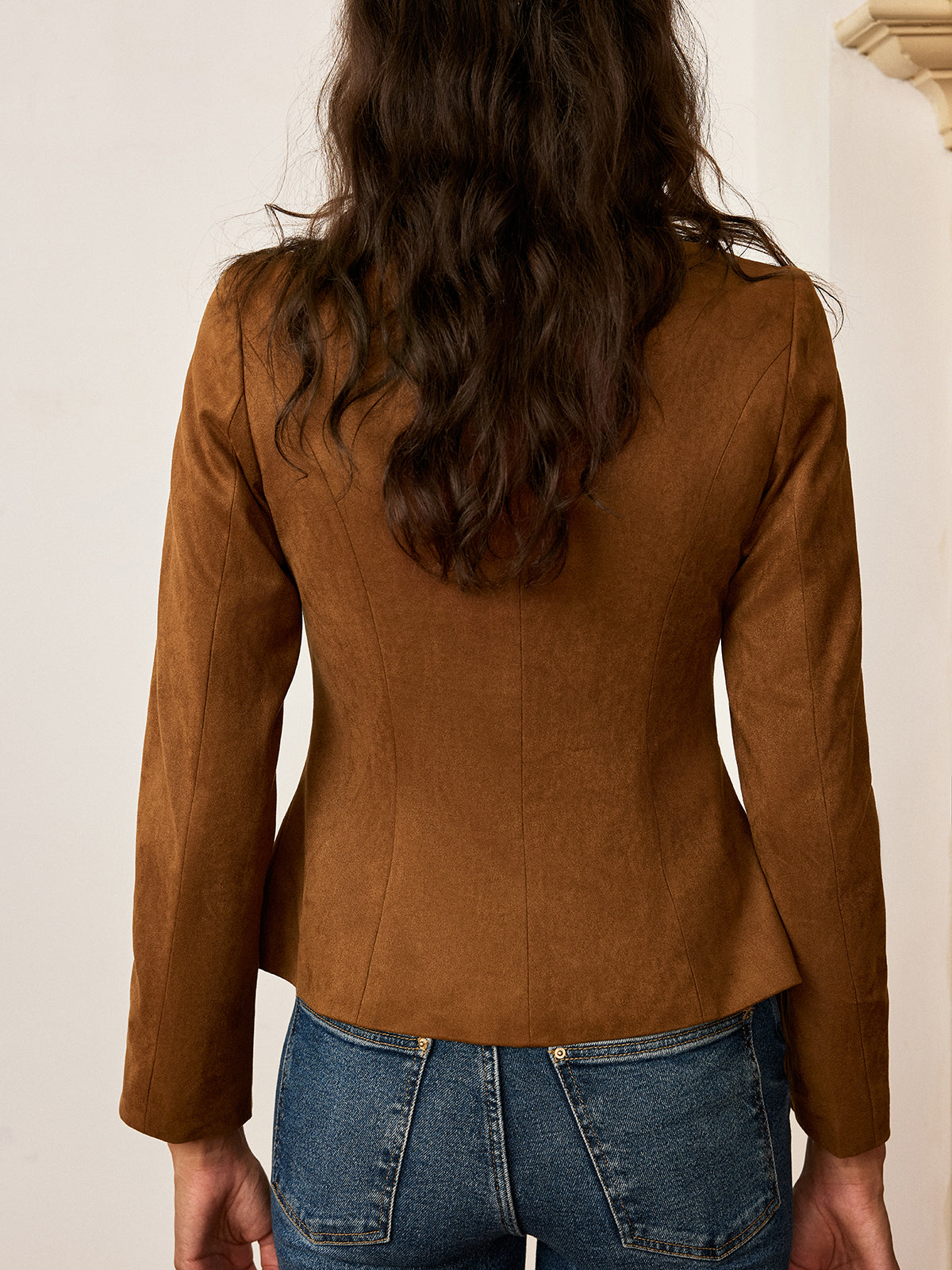 Suede Blazer Fitted Brown Jacket With Metal Buttons