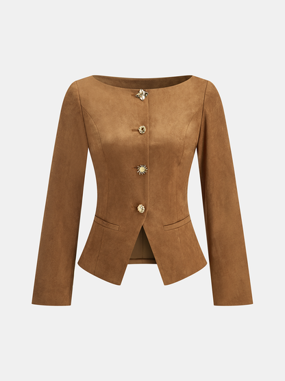 Suede Blazer Fitted Brown Jacket With Metal Buttons