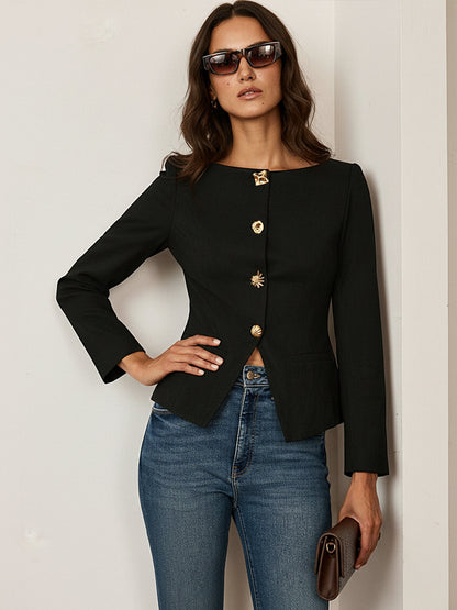 Suede Blazer Fitted Brown Jacket With Metal Buttons