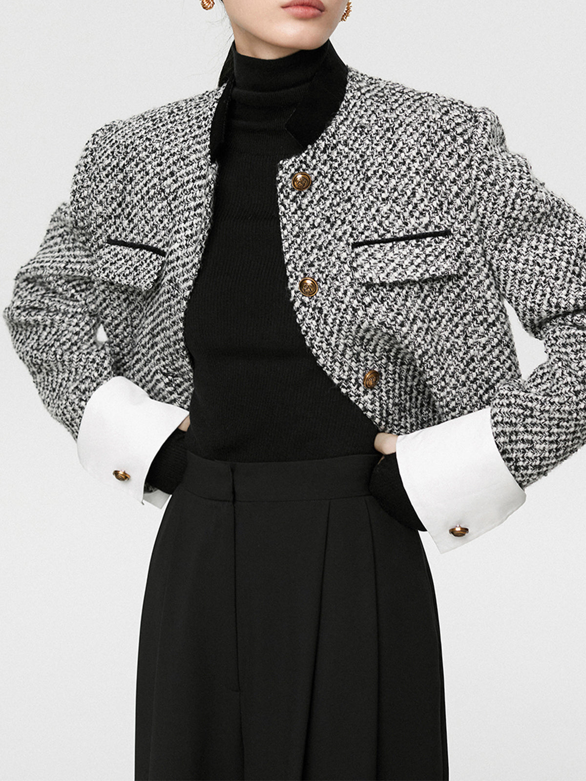 Crop Blazer Tweed Boucle With Black White Houndstooth Pattern