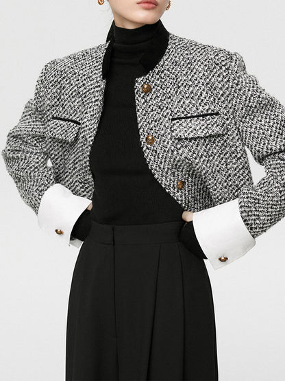 Crop Blazer Tweed Boucle With Black White Houndstooth Pattern