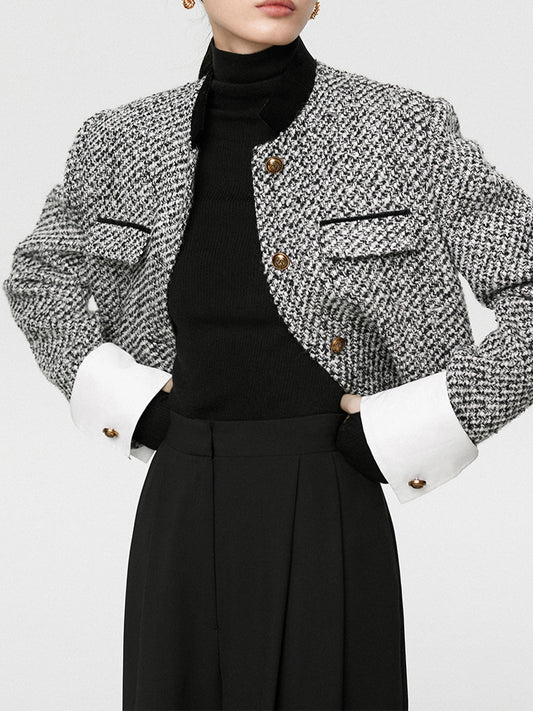 Crop Blazer Tweed Boucle With Black White Houndstooth Pattern