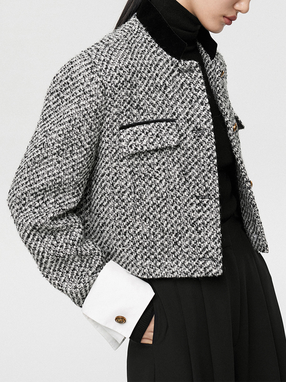 Crop Blazer Tweed Boucle With Black White Houndstooth Pattern