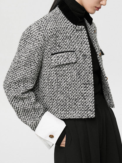 Crop Blazer Tweed Boucle With Black White Houndstooth Pattern
