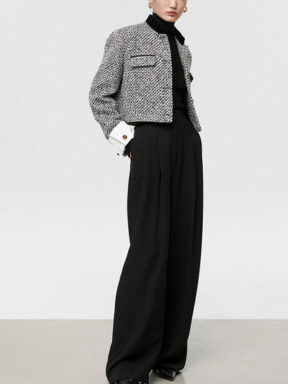 Crop Blazer Tweed Boucle With Black White Houndstooth Pattern