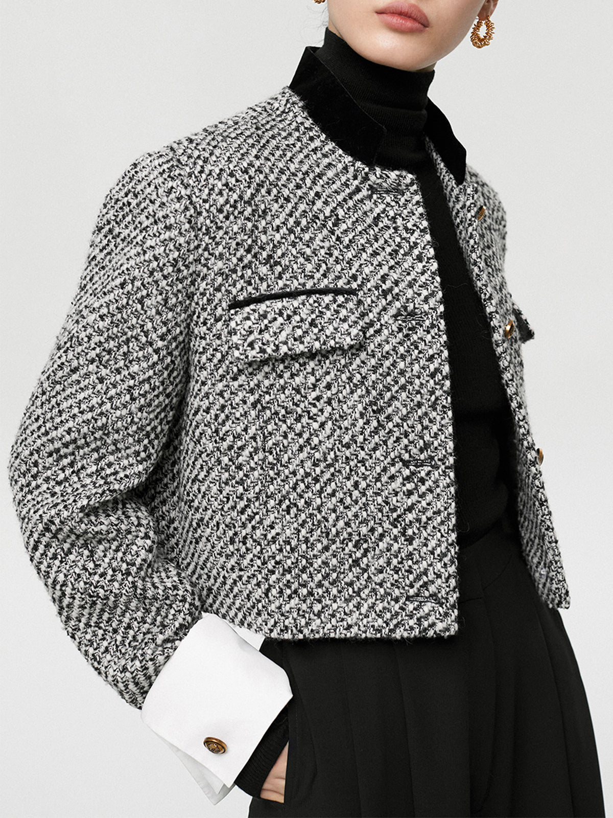 Crop Blazer Tweed Boucle With Black White Houndstooth Pattern