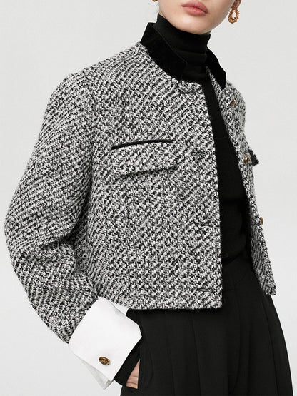 Crop Blazer Tweed Boucle With Black White Houndstooth Pattern