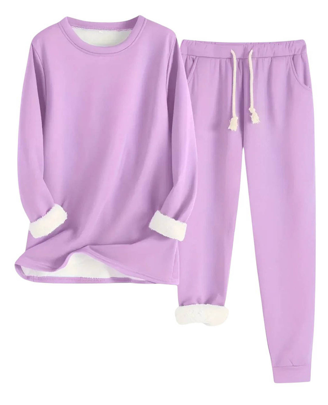Fleece Lined Sweatsuit Set for Women with Crewneck Top and Drawstring Pants