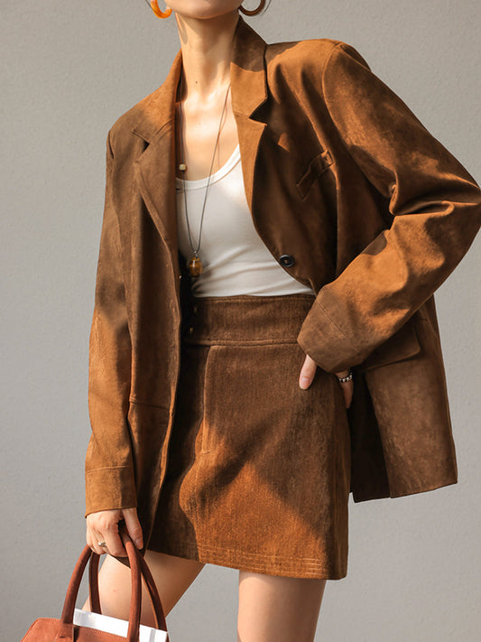 Suede Blazer Vintage Oversized Brown Double-Breasted Tailored Look