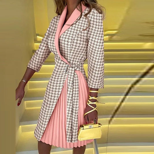 Coat Dress In Houndstooth With Pink Pleated Contrast Detail