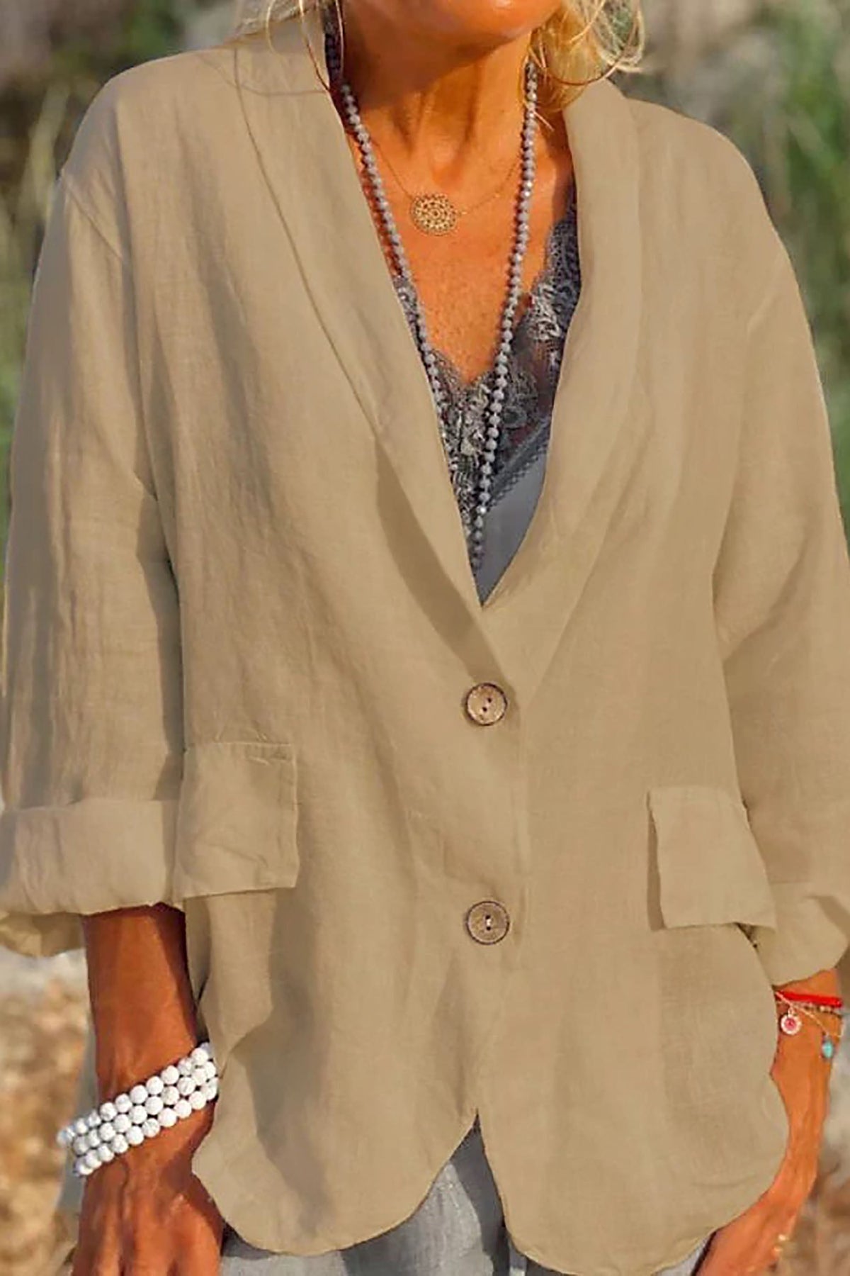 Linen Blazer For Summer, Relaxed Fit V-Neck In White