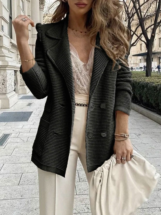 Double-Breasted Ribbed Knit Blazer With Textured Black Lapel