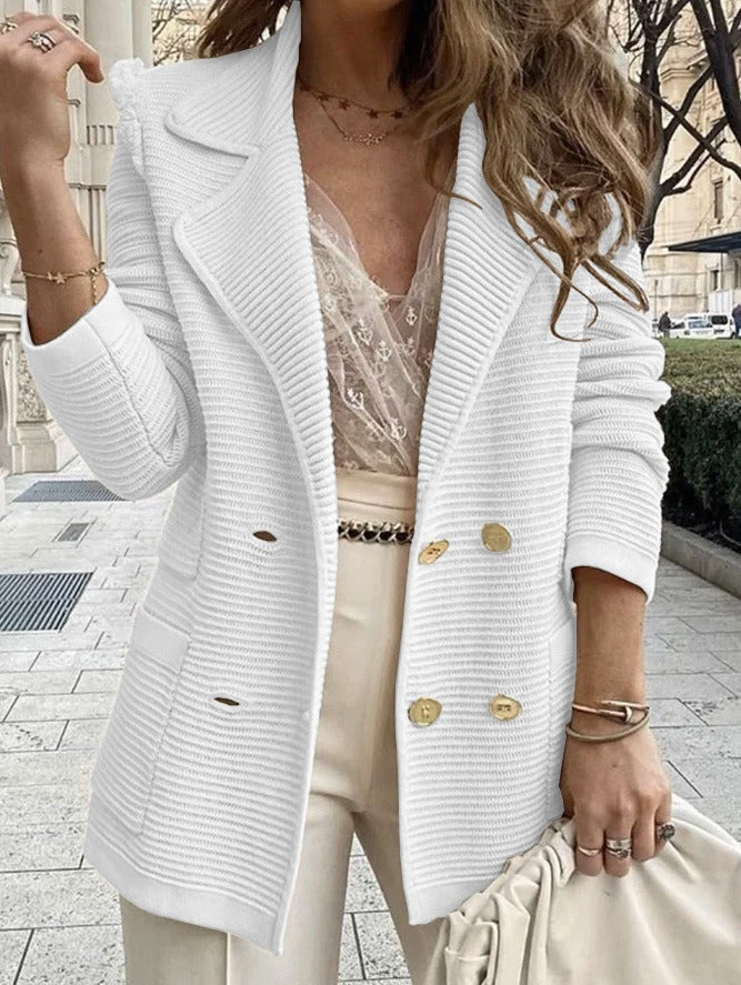 Double-Breasted Ribbed Knit Blazer With Textured Black Lapel
