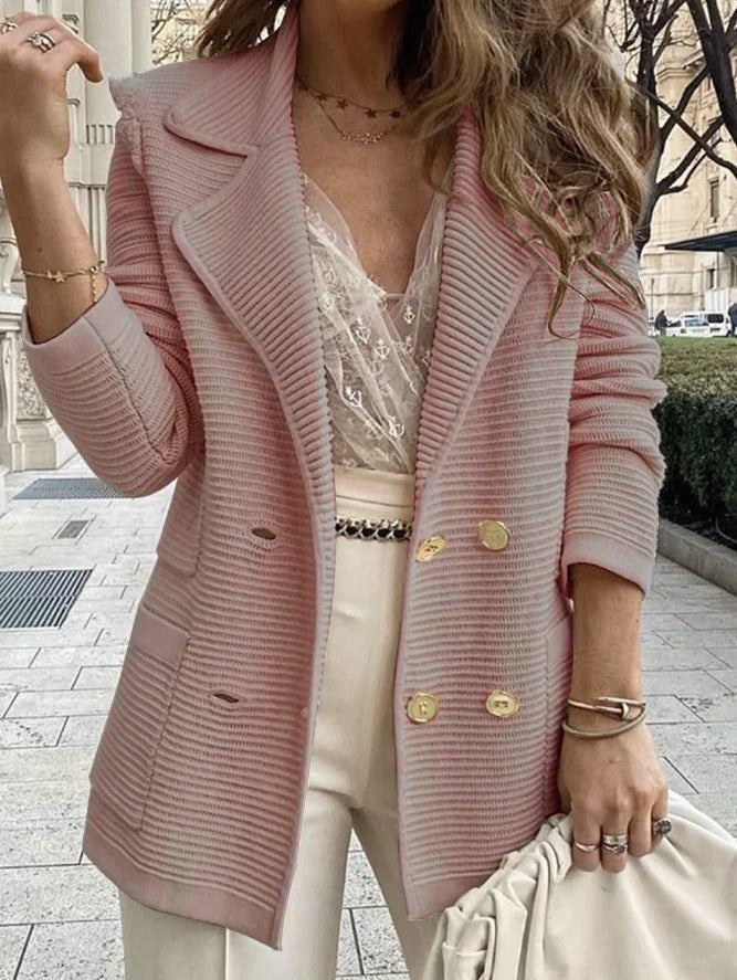 Double-Breasted Ribbed Knit Blazer With Textured Black Lapel