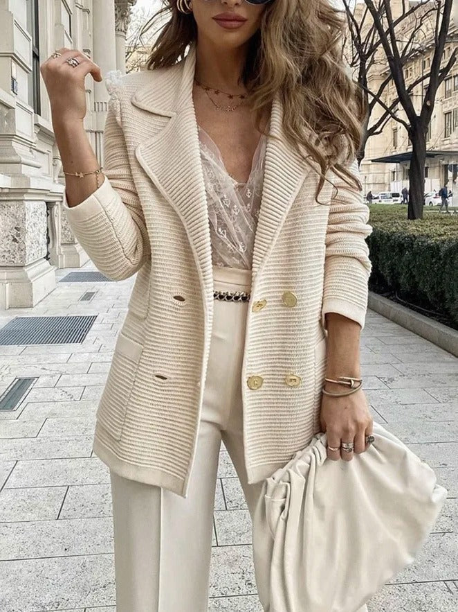Double-Breasted Ribbed Knit Blazer With Textured Black Lapel