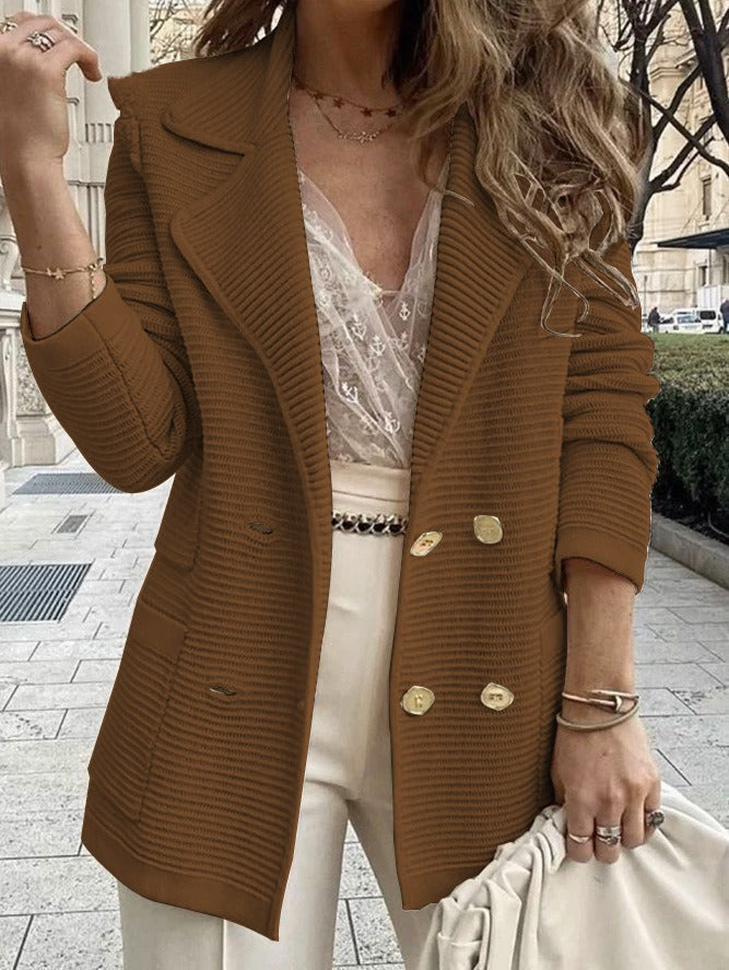 Double-Breasted Ribbed Knit Blazer With Textured Black Lapel